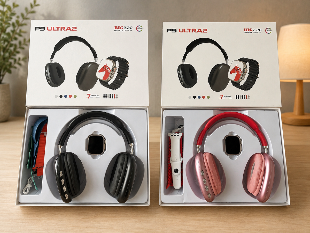 Coffret P9 ULTRA 2 ouvert : montre connectée, casque sans fil et bracelets, coloris Noir et Rouge / Rosé