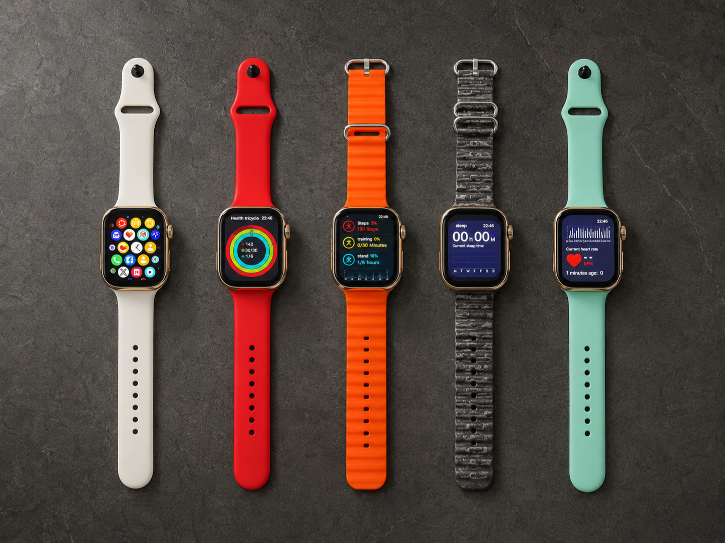 Montre connectée P9 ULTRA 2 et ses bracelets interchangeables, écrans allumés