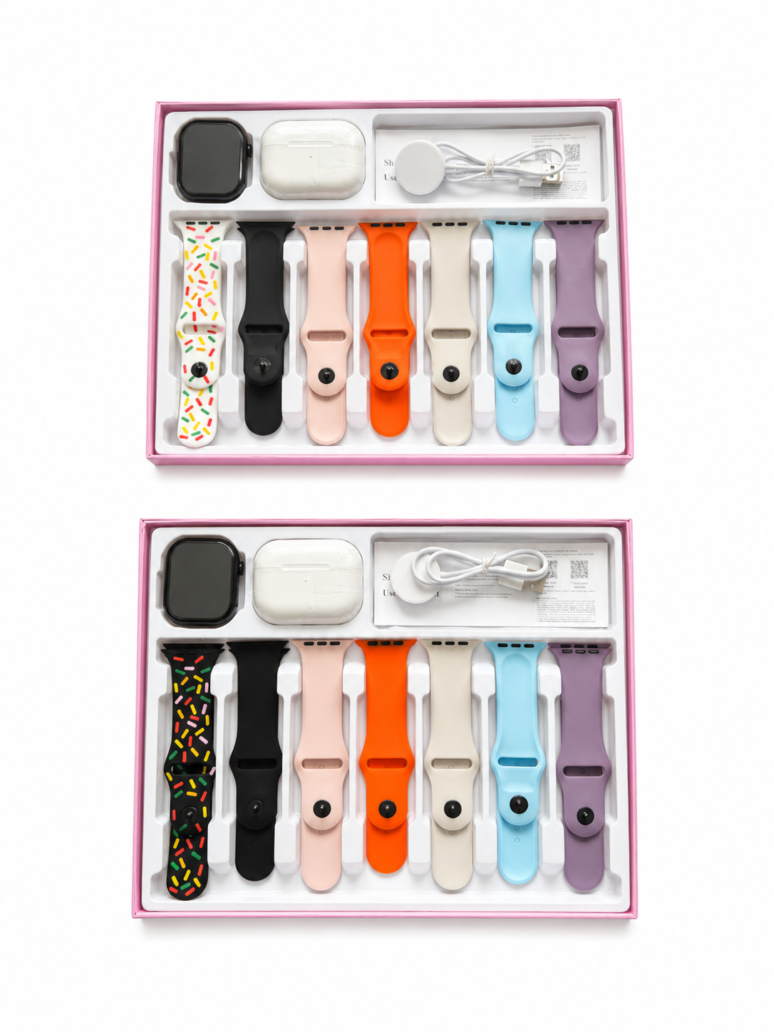 Contenu du coffret S2000 PRO : montre, écouteurs sans fil, chargeur et 7 bracelets