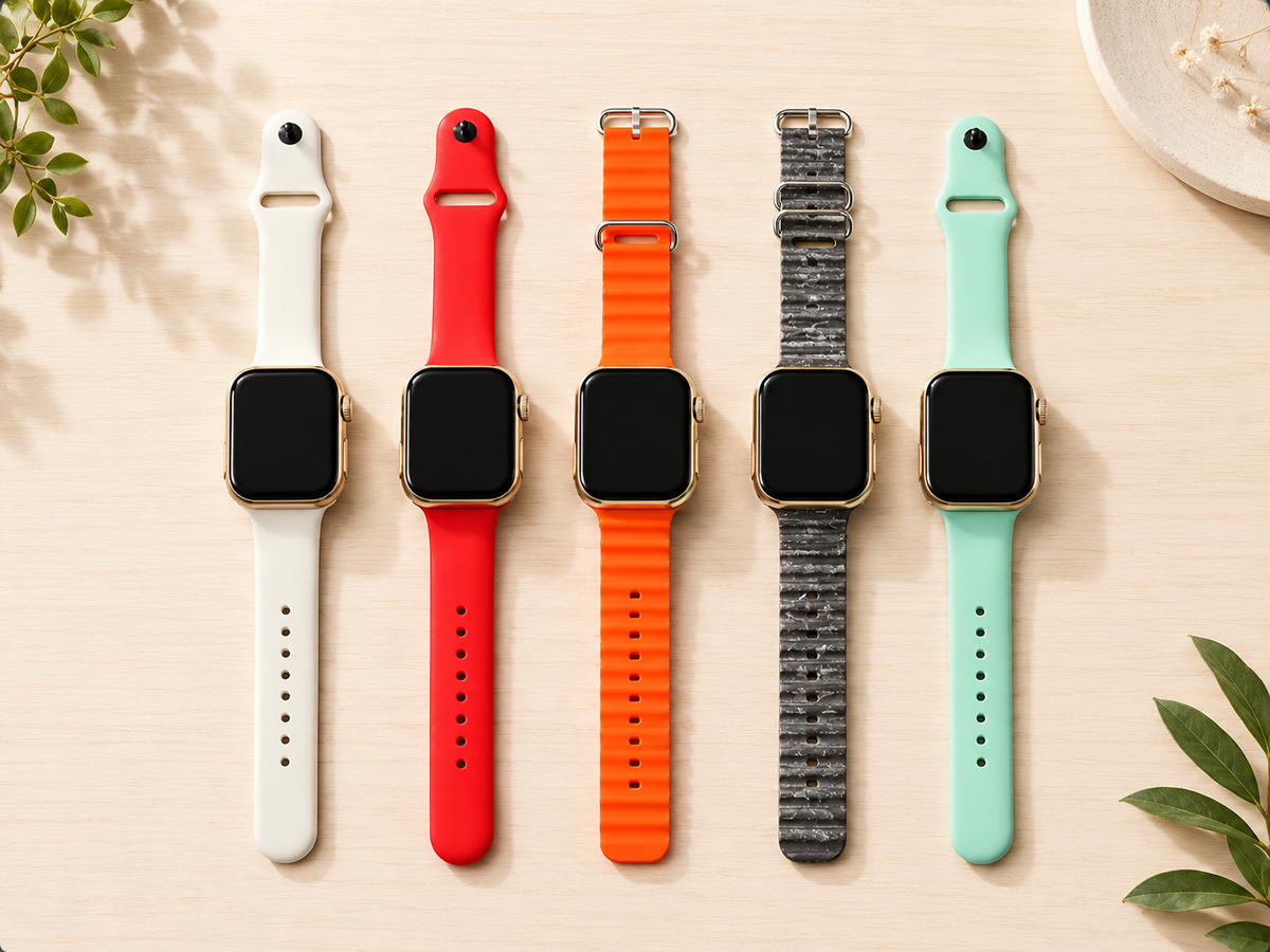 Bracelets interchangeables du coffret P9 ULTRA 2 posés sur bois clair