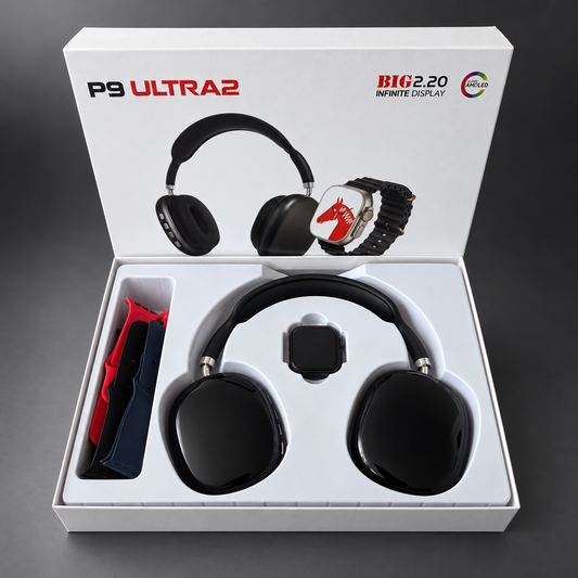 Sada P9 ULTRA 2 – Chytré hodinky + bezdrátová náhlavní sluchátka + 7 řemínků